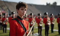 a woman in a uniform holding onto a trombone