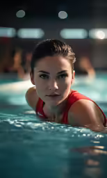 a woman in red swimsuit is floating on the water