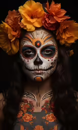 a woman with face paint decorated for day of the dead