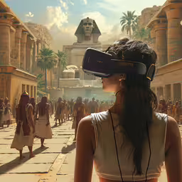 a girl standing on an outside plaza wearing a vr headset,a woman in a white tank top is wearing a vro