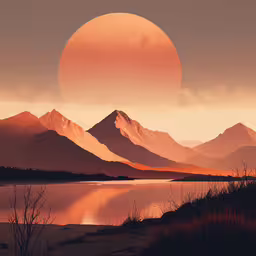 a landscape of hills, mountains and the moon, with a body of water,an artistic painting of a sunrise in the mountains with a lake below