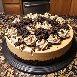 a large cake sitting on top of a table next to an oven