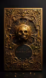 an intricately detailed golden plaque with a gold skull