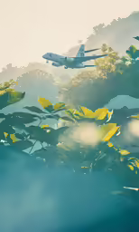 there is a airplane that is flying over plants