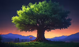a tree on a grassy hill is illuminated with the light of a nearby yellow lamp,a cartoon - style image of an umbrella on a tree