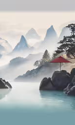 an umbrella is near the shore and rocks in a body of water