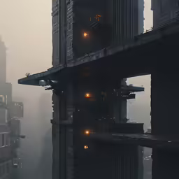 an image of foggy night with buildings and lights