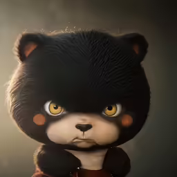 an animated bear wearing an orange and black outfit