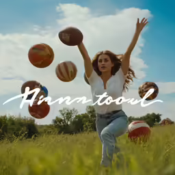 a woman kicking around some basketballs on top of a field
