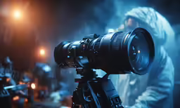 a man holding a camera taking pictures in the dark