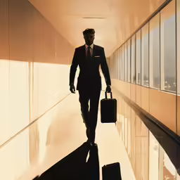 man wearing suit carrying briefcase walking through room with windows