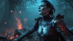a woman in armor standing by a fire