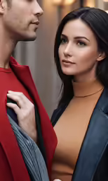 an attractive young couple standing outside and posing for a photograph