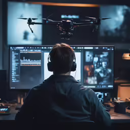 a man with headphones is in front of a computer set