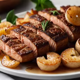 grilled steak, vegetables and meat on a plate