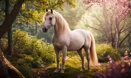 a horse is standing in the woods in the sunlight