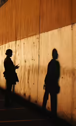 a couple of people standing on the side of a wall