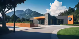 modern building overlooking mountainous landscape on sunny day