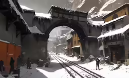 a train passing under an old bridge on the snow covered train tracks
