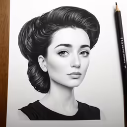 a drawing of a woman with dark hair and bun