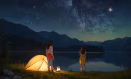two young women looking at the stars above their tent,two girls are watching the stars over a lake