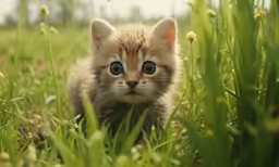 a small kitten sitting in a field on a grass field
