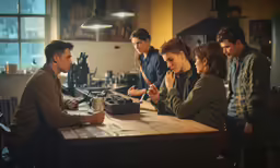 a group of people standing around a table