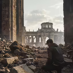a man is sitting in the ruins of an old cathedral