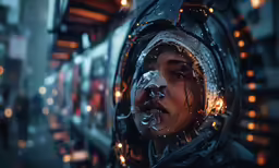 woman in space gear, looking out a window