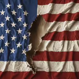 torn and shredded american flag with another torn in half