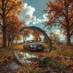 a car sitting inside of a crystal bowl in the grass