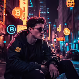 a young man sits on the ground in the middle of an urban area