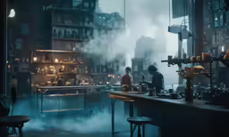 a woman standing in a room filled with tall buildings