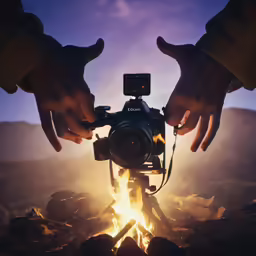 people hold their camera near the fire as it burns