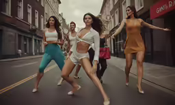a group of models are running down a street in a fashion ad