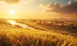 an aerial view of a grassy field with a river in the distance
