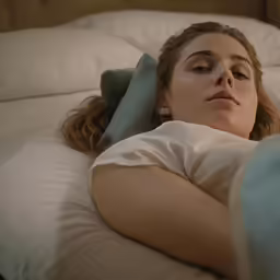 the woman is laying down on the bed and she has her eyes closed