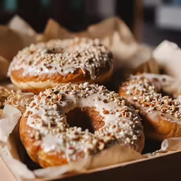 five bagel donuts are shown in a box with the glazed toppings