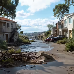 a street view of an abandoned area with parked cars on both sides