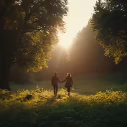 a man and woman holding hands walking down a field