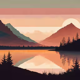 an abstract painting of mountains and trees surrounding a lake,an orange, red and pink sky over water with mountains
