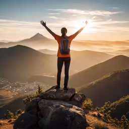 a man standing at the top of a mountain while raising his arms