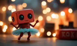 a small toy is sitting in front of christmas lights