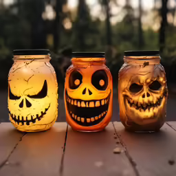 three decorated jars with skulls and faces glowing on the inside