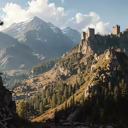 a castle sitting on top of a green mountain