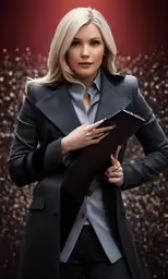 a woman in a business suit holding a folder