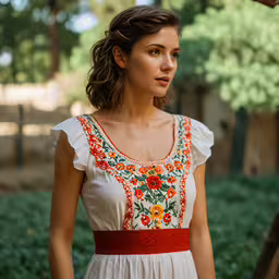 young lady dressed in traditional dress posing for the camera,a woman with a flower in her shirt is staring into the distance