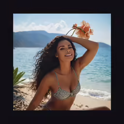 a woman in a bikini holding a flower