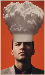 a man standing in front of an orange backdrop with a cloud on his head