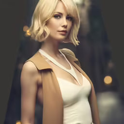 a blonde woman with a brown coat is standing in a park